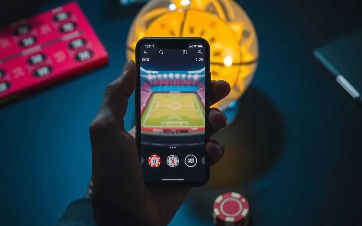 Fiches su un panno verde accanto a uno smartphone che mostra un campo di calcio, simbolo dei migliori siti scommesse non AAMS